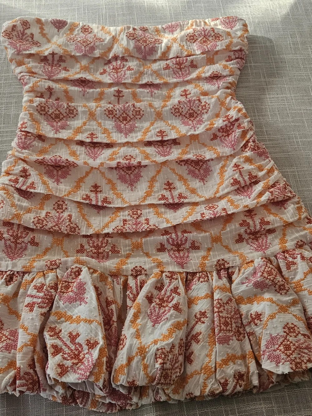 HELLO MOLLY Embroidered Strapless Ruched Mini Dress Size M Cotton Pink Orange - Picture 14 of 16